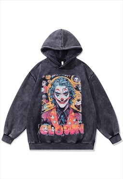 Clown print hoodie vintage wash pullover Joker movie jumper