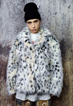 Leopard faux fur jacket animal print fleece bomber in white