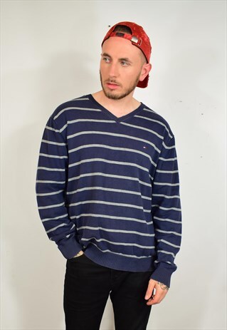 TOMMY HILFIGER BLUE GREY STRIPED V NECK JUMPER