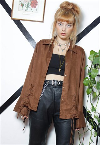 80S 90S GRUNGE LACE UP FAUX SUEDE WESTERN SHIRT BLOUSE