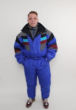 One piece blue ski suit, retro men snowsuit  funky winter 