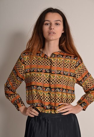 VINTAGE 80S SATIN ABSTRACT PATTERNED SHIRT IN BROWN GOLD
