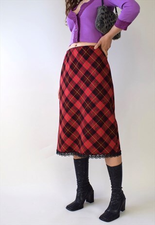 VINTAGE 90S Y2K RED TARTAN CHECK LACE HEM MIDI SKIRT