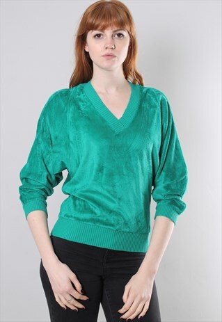 VINTAGE 80S TURQUOISE VELOUR CRUSHED VELVET BATWING JUMPER