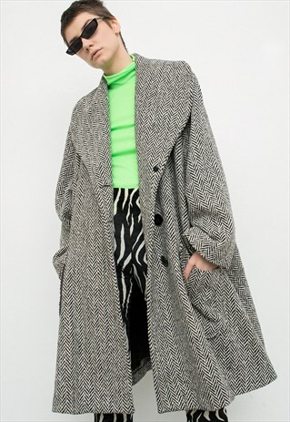 VINTAGE COAT LONG SLEEVED MONOCHROME BELL SHAPE HERRINGBONE