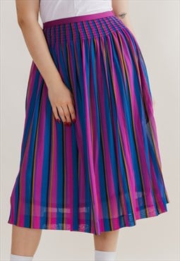 Vintage 80s Pleated Crazy Multicolor Stripe Midi Skirt 