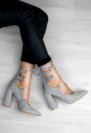 CAMILLA GREY LACE UP POINTED BLOCK HEELS IN SUEDE