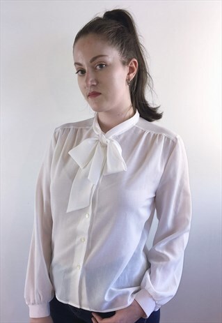WOMENS VINTAGE 80S TOP LONG SLEEVED WHITE PUSSYBOW BLOUSE