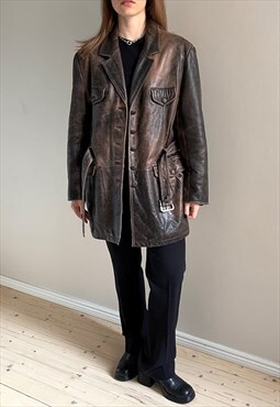 Vintage Distressed Belted Leather Jacket