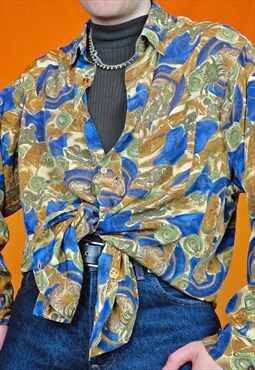 Vintage Funky Retro Abstract Printed Silky Blouse Shirt 80s