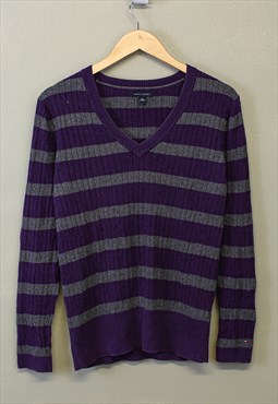 Vintage Y2K Tommy Hilfiger Cable Knit Jumper Purple Striped 