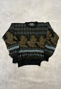 Vintage Knitted Jumper Abstract Bird Patterned Knit Sweater