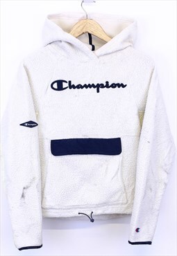 Vintage Champion Fleece Hoodie White Hooded With Chest Logo