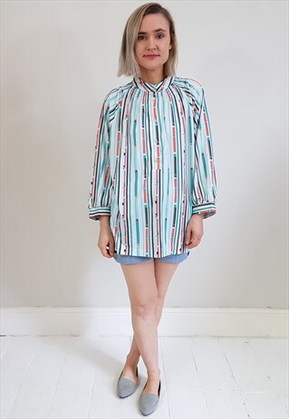 VINTAGE 80'S GREEN AND PEACH STRIPED BUTTON BLOUSE