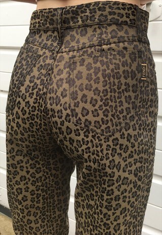 WOMENS VINTAGE 90S FENDI JEANS BROWN LEOPARD PRINT TROUSERS