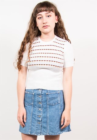 VINTAGE 70'S KNIT COLOURFUL STRIPED PATTERN RIBBED TOP