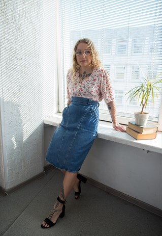 VINTAGE 80'S BLUE DENIM HIGH WAISTED MIDI SKIRT