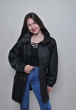 Black leather coat, vintage leather jacket, women autumn