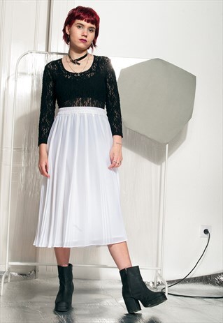 VINTAGE SKIRT 80S PLEATED WHITE SHEER MIDI SKIRT