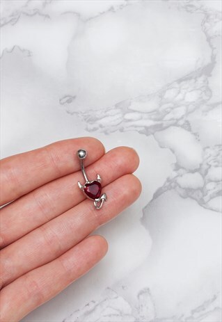 HORNED HEART BELLY BAR RED CRYSTAL PRETTY CUTE DEVIL JEWELRY