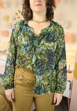 Vintage Y2K Green Frilly Floral Flowery Print V Shirt Blouse