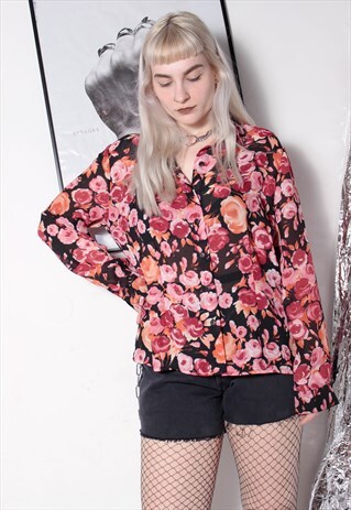 80S VINTAGE 90S GRUNGE PINK ORANGE FLORAL CHIFFON SHIRT