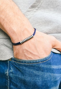 Silver bar bracelet for men blue minimalist mens bracelet