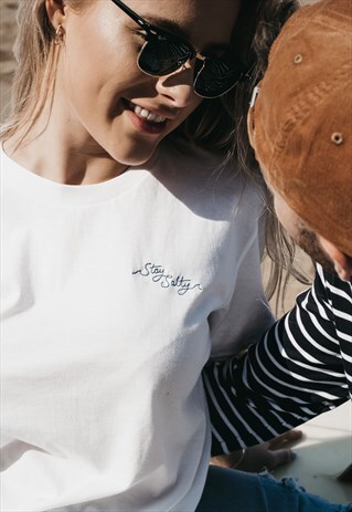 'STAY SALTY' EMBROIDERED WOMENS T-SHIRT IN WHITE