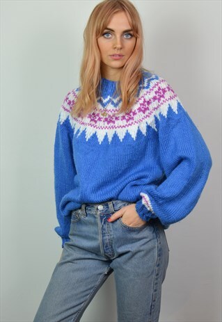 VINTAGE 70S BLUE FAIR ISLE PATTERN WOOL JUMPER