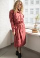 Vintage 70s Pink Checked Midi Long Sleeved High Collar Dress