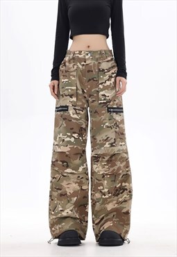 Military parachute pants cargo pocket camo joggers in brown