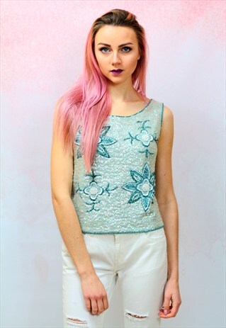 1980S VINTAGE MINT GREEN SEQUIN AND BEAD EMBELLISHED TOP