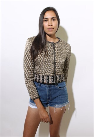 VINTAGE 1980'S 80'S PRINTED QUILTED SATIN CROPPED JACKET S-M