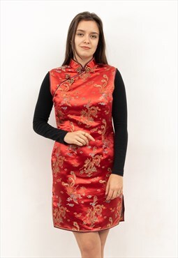 Chinese Kimono Midi Dress Sleeveles Gown Made in China Red