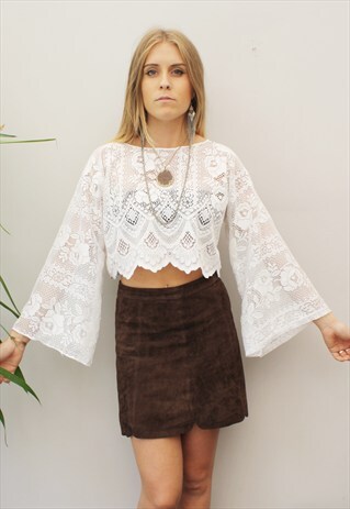 HANDMADE ONE OF A KIND LACE BELL SLEEVE CROP TOP