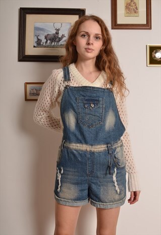 VINTAGE 90S SHORT DUNGAREES IN BLUE DENIM