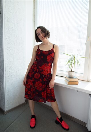 VINTAGE 80'S RED MINI FLOWER PRINT DRESS