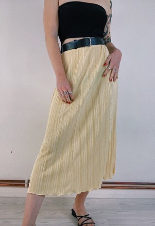 VINTAGE 90S PLEATED LEMON YELLOW MIDI SKIRT