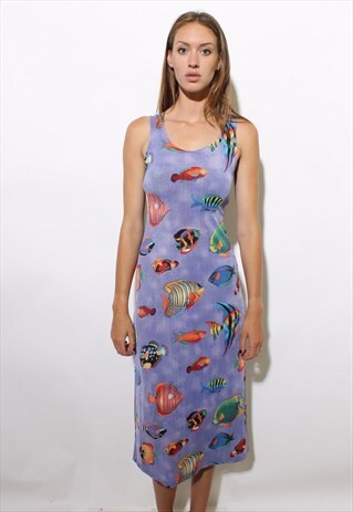 VINTAGE 1990'S 90'S PURPLE TROPICAL FISH TANK MAXI DRESS S-M