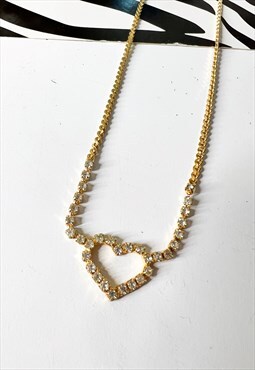 1970s Gold Diamante Cut Out Heart Necklace