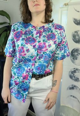Retro 80s Blue Abstract Floral Flowery Flowers Shirt Blouse