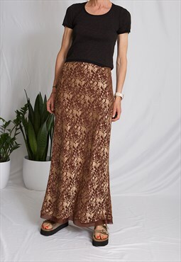 90s vintage maxi skirt in brown and gold print 