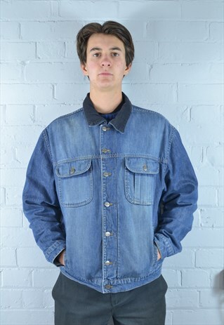 VINTAGE BLUE CORDUROY COLLARED CHECKED LINING DENIM JACKET