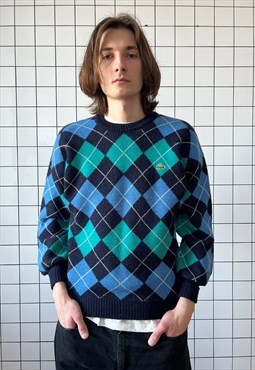 Vintage LACOSTE Sweater Knit Jumper Knitted 80s Check Blue 