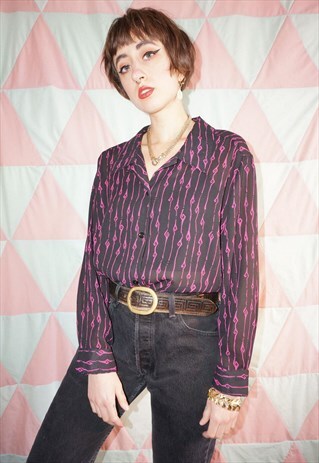 VINTAGE 80S BLACK AND PINK ABSTRACT STRIPE PATTERN SHIRT