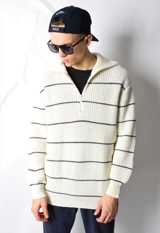VINTAGE 80S CREAM WHITE STRIPED KNIT 1/3 ZIPPER JUMPER