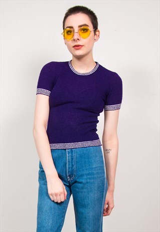 VINTAGE 70'S PURPLE KNIT SHORT SLEEVE TOP