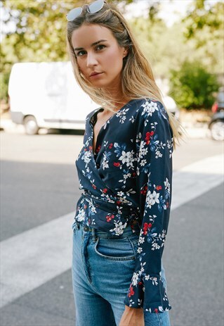 SUBDUED FLORAL WRAP BLOUSE