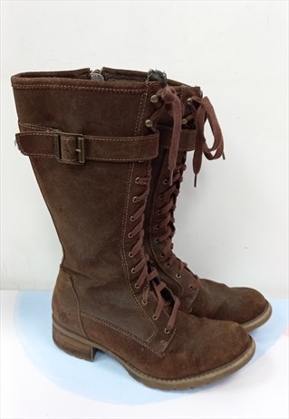 Mid Calf Boots Brown Leather Suede Lace Up