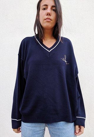 VINTAGE OVERSIZED KNIT V NECK BLUE JUMPER